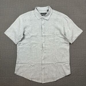 Saks‎ Fifth Avenue Shirt Men's Large Gray Linen Blend Button Up Short Sleeve